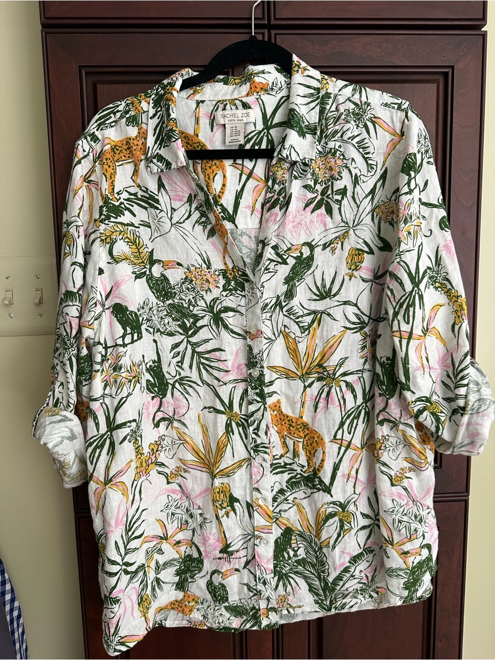 RACHEL ZOE 100% linen Tropical Animal Print Button-Up Shirt - White/Green/Gold